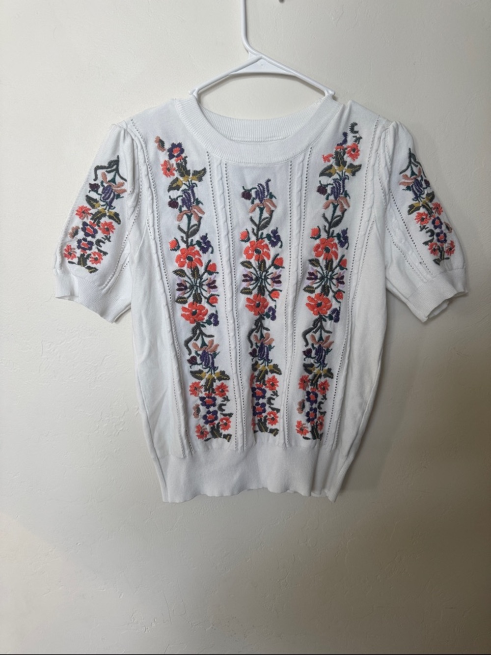 White Floral Embroidered Short-Sleeve Knit Top